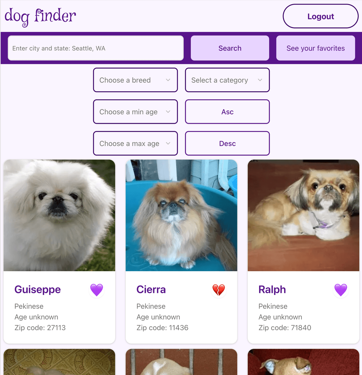 dog finder search page