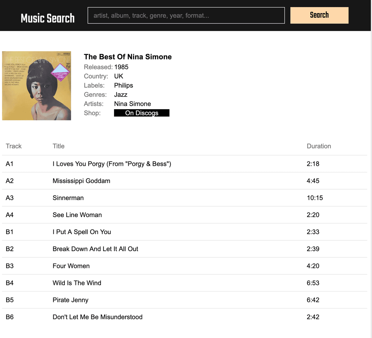 music search album details page